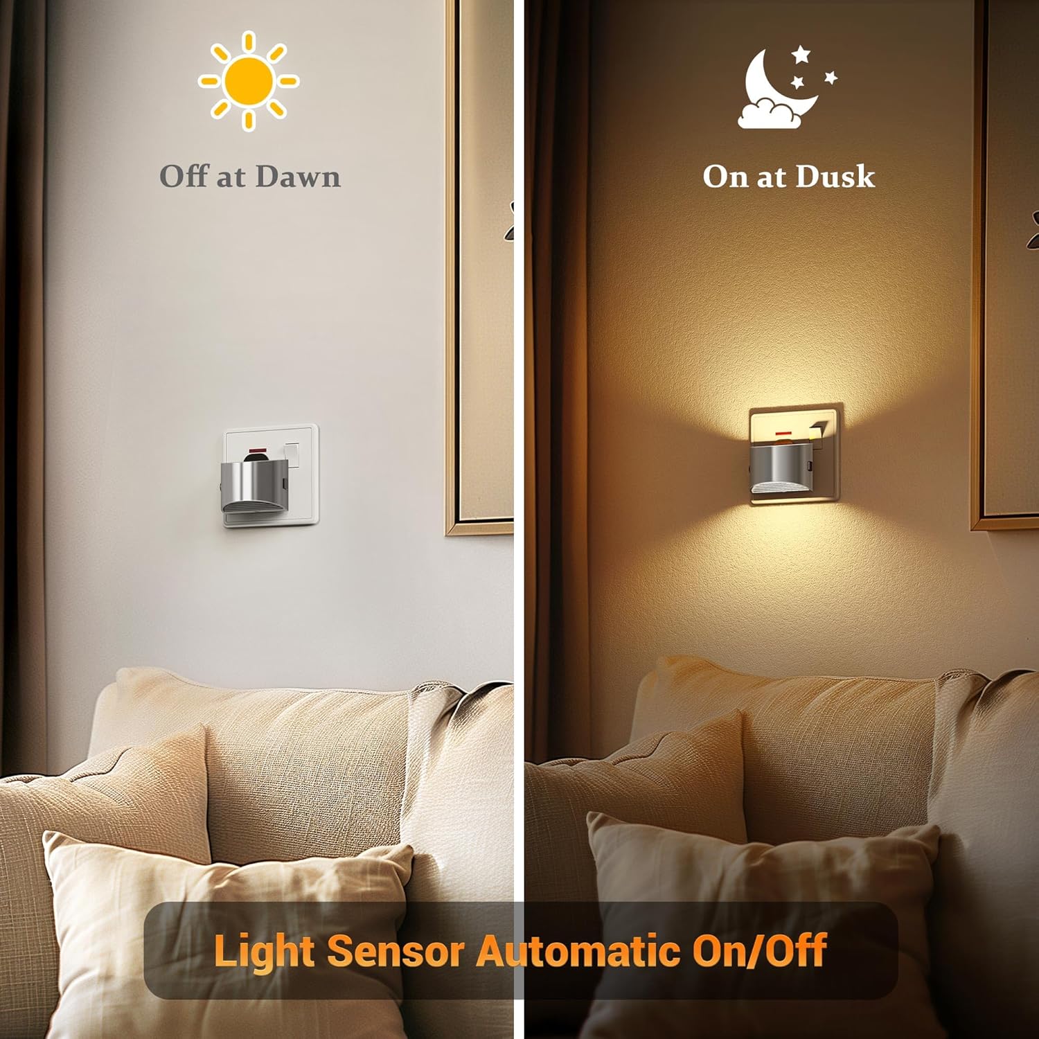 Light sensor wall lamp in a living room setting with 'Off at Dawn' and 'On at Dusk' labels.