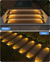 Lighting fixtures on steps and pathway at night