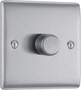 Metallic dimmer switch with a knob on a brushed metal background