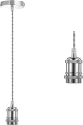 Metallic drill bit and pendant light on a white background