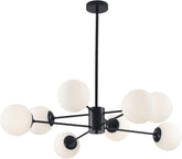 Modern black chandelier with white spherical lights on a white background