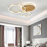 Modern ceiling light fixture in a living room setting with neutral colors.