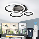 Modern ceiling light fixture with remote control and smartphone app interface in a room setting.