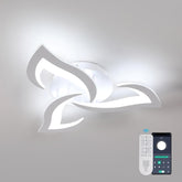 Modern ceiling light fixture with remote control and smartphone app on a gray background