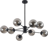Modern chandelier with silver spherical bulbs on a white background