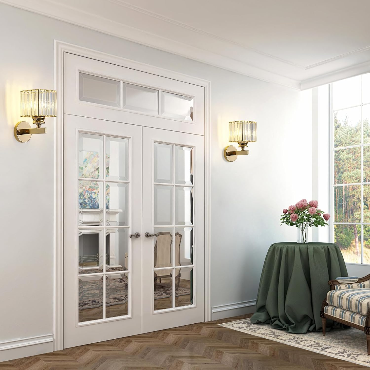 Modern interior design with glass doors, table, and chair in a well-lit room.