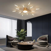 Modern living room with a ceiling light fixture, sofa, coffee table, and decorative plants.