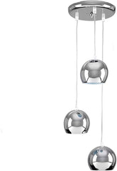 Modern pendant light with three spherical glass shades on a white background