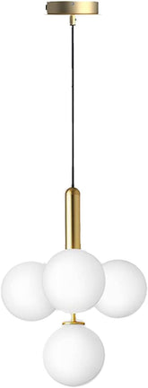 Modern pendant light with three white glass spheres and gold accents on a white background