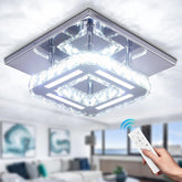 Modern square ceiling light fixture with remote control in a living room setting