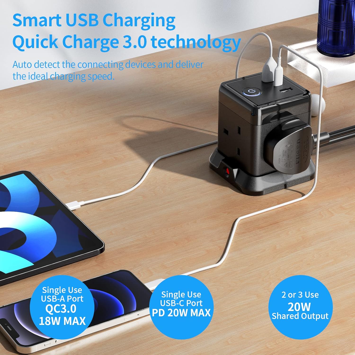 Multi-device charging station with USB ports on a wooden surface