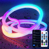 Neon light strip with remote control on a textured surface