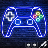 Neon sign of a game controller on a brick wall background