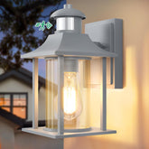 Outdoor wall light fixture with glass cover and visible bulb, blurred house in the background