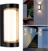 Outdoor wall light fixture with installation examples on a white background