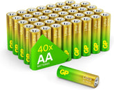 Pack of GP Ultra batteries with a green triangle indicating '40x AA Batteries' on a white background.