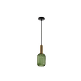 Pendant light with green glass shade and gold accents on a white background
