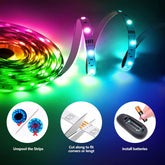 RGB LED strip light with installation instructions on a gradient background