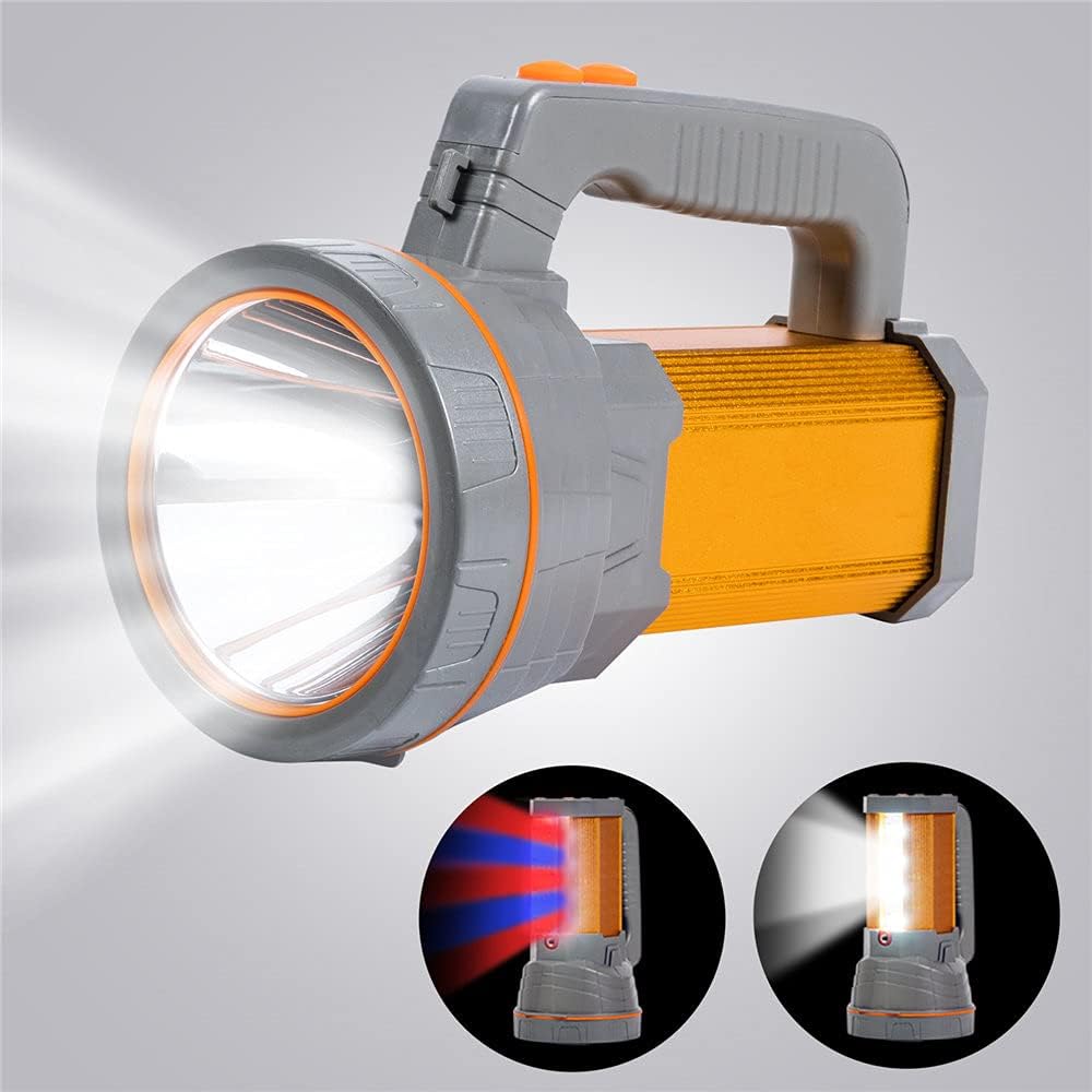 brightest handheld rechargeable flashlight Super Bright Handheld LED Torch – High power USB rechargeable spotlight with lantern, 10,000mAh battery, and heavy-duty build. Perfect for camping, hunting, work, and emergency lighting