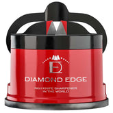 Red and black knife sharpener with 'Diamond Edge' branding on a white background