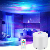 Room with starry light projector and remote control, creating a relaxing atmosphere.