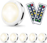 Round LED light fixture with remote controls on a white background
