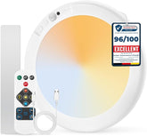 Round light fixture with remote control and warranty label on a white background