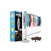 RowerLix milk frother with various colors and a packaging box on a white background.