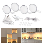 Set of LED ceiling lights with installation components and kitchen usage examples.