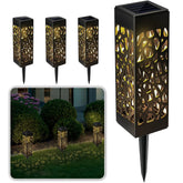 Set of four decorative outdoor solar lights with a close-up showing their patterned design.