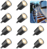 Set of outdoor LED spotlights with a sample installation on stairs.