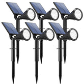 Set of six solar-powered outdoor lights with visible solar panels and LEDs on a white background.