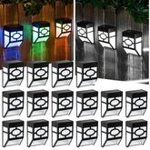 Set of solar-powered outdoor wall lights on a wooden background