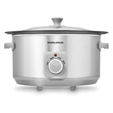 Silver Morphy Richards slow cooker on a white background
