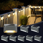 Solar-powered deck lights on a deck with a night-time setting