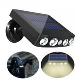 Solar-powered outdoor light fixture with multiple LED lights on a white background.