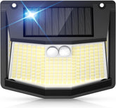 Solar-powered outdoor light with LED bulbs on a white background