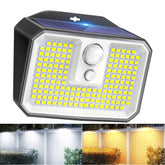 Solar-powered outdoor light with LED lights and motion sensor, shown with two usage scenarios.