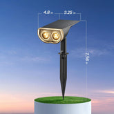 Solar-powered outdoor light with dimensions indicated against a blue sky background