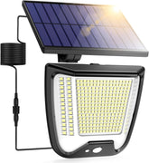 Solar-powered outdoor light with solar panel and LED lights on a white background