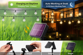 Solar-powered outdoor lighting system with charging and working time features, installation steps, and product display.