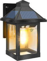 Solar-powered outdoor wall light with a black lantern-style fixture on a white background.