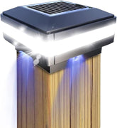 Solar-powered post cap light on a wooden post with colorful lighting effects.