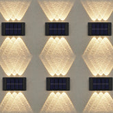 Solar-powered wall lights on a textured wall