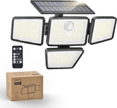 Solar flood lights with remote control and Philips packaging on a white background