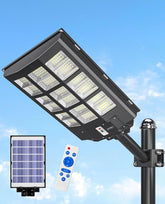 Solar street light with remote control and panel on a blue sky background