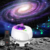 Star projector with remote control on a moon surface with space-themed background