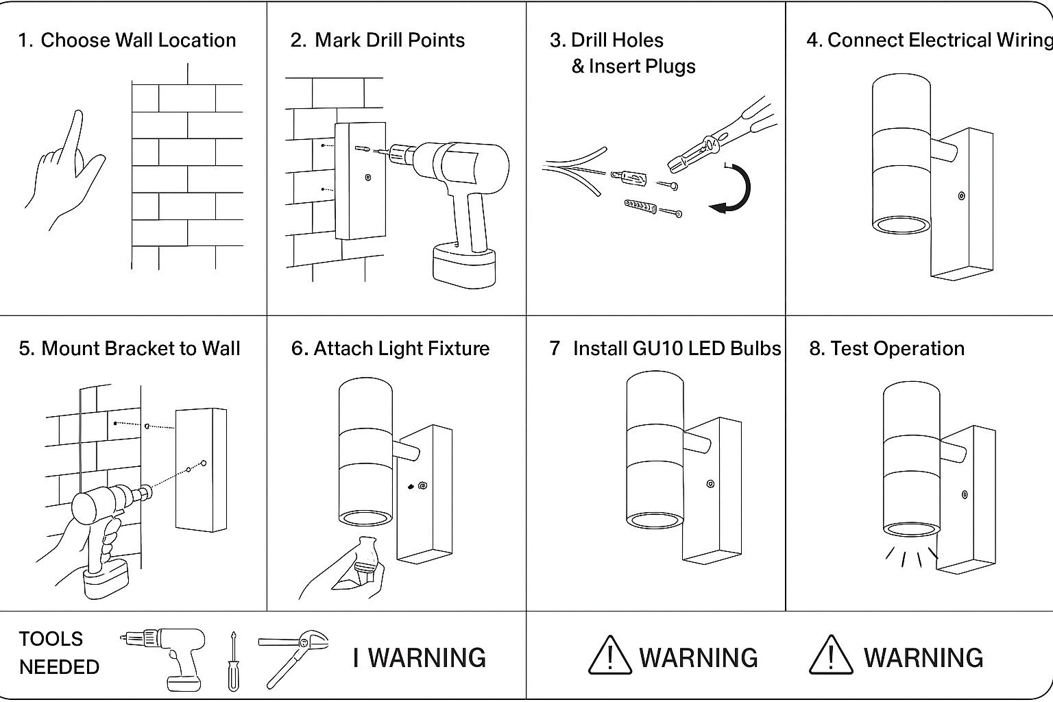 Step-by-step installation guide for a wall-mounted light fixture with illustrations and text. Step-by-step installation guide for a wall-mounted light fixture with illustrations and text.