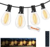 String lights with clear bulbs and black holders, featuring a timer label and remote control.