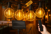 String lights with solar panel and remote control in a warm indoor setting